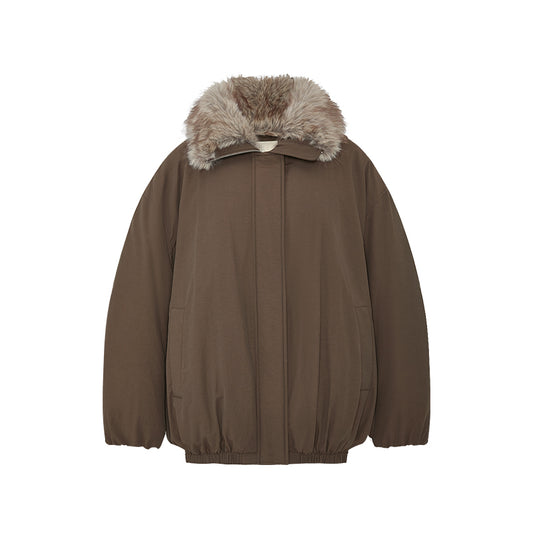 Fengjinqi Faux Fur Collar Down Bomber in Pine Tea Brown - flat lay